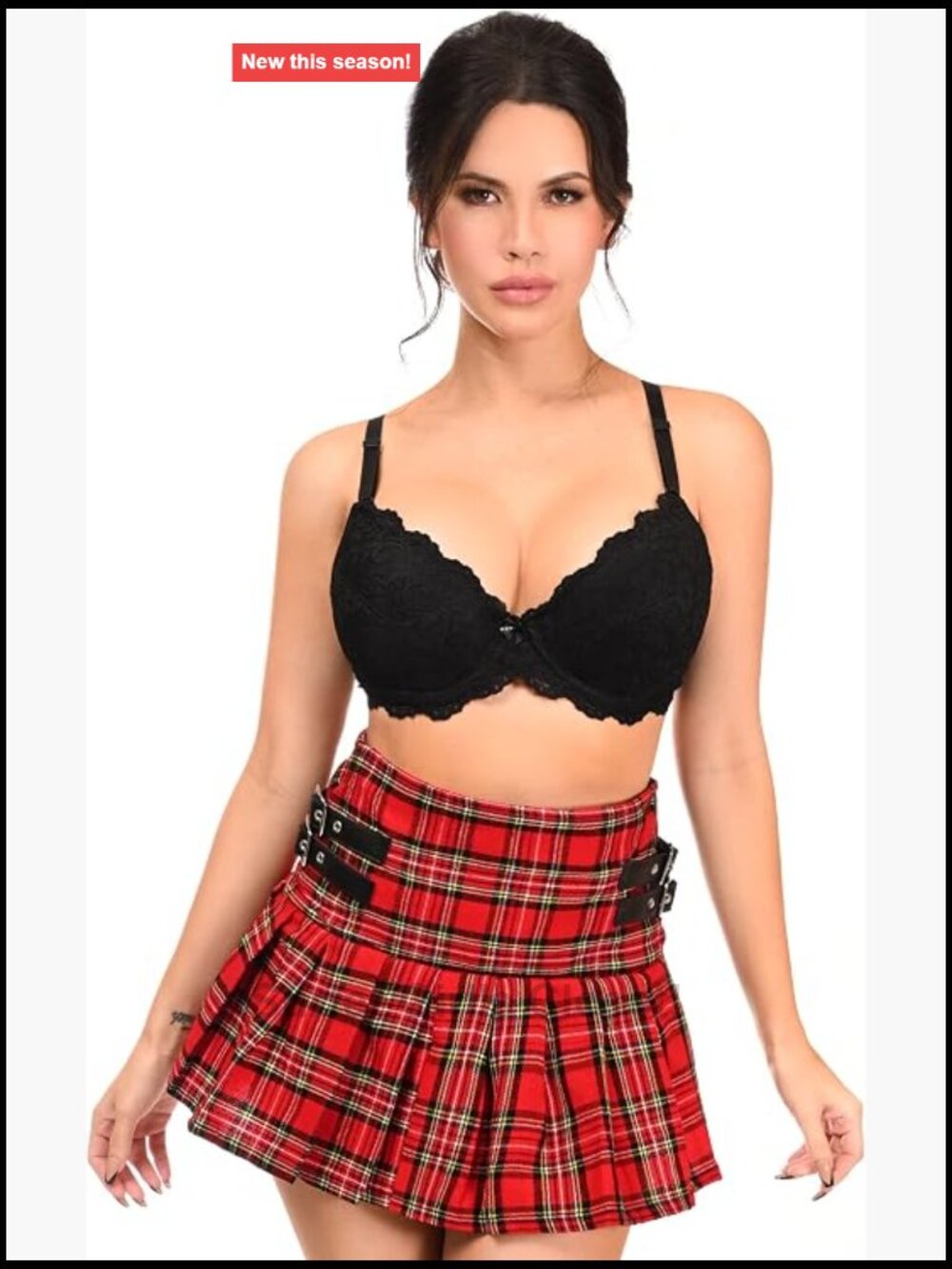 Plaid Pleated Mini Skirt with Buckles Pull On 100% Polyester